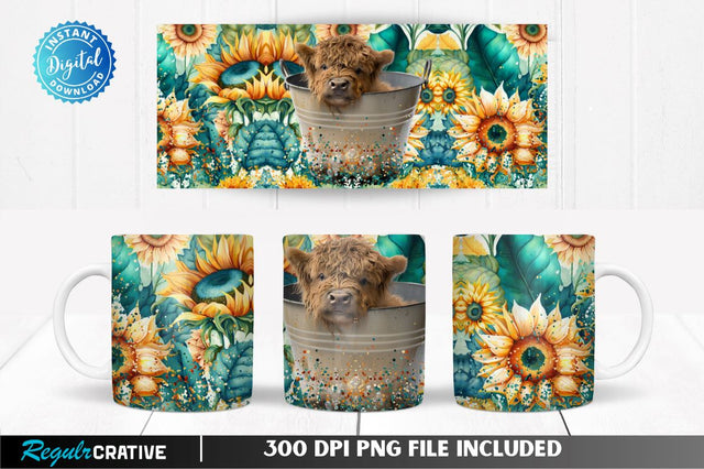 Baby Highland Cow in a bucket Sunflower 11, 12 & 15 Oz Mug Sublimation Sublimation Regulrcrative 