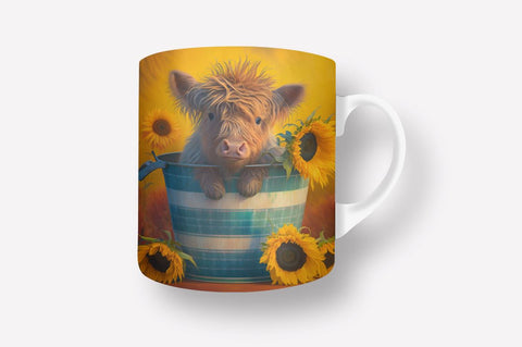 Baby Highland Cow in a bucket Sunflowers 11, 12 & 15 Oz Mug Sublimation Sublimation Regulrcrative 