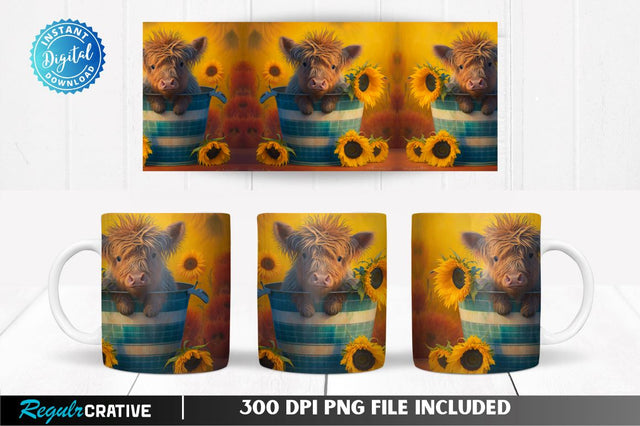 Baby Highland Cow in a bucket Sunflowers 11, 12 & 15 Oz Mug Sublimation Sublimation Regulrcrative 