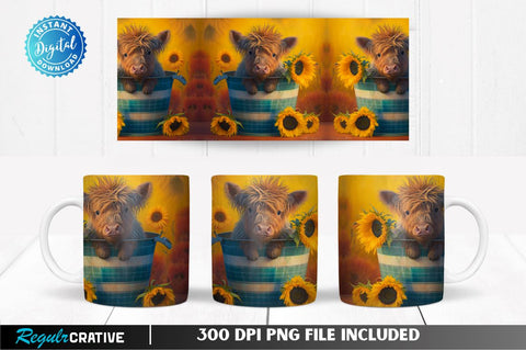 Baby Highland Cow in a bucket Sunflowers 11, 12 & 15 Oz Mug Sublimation Sublimation Regulrcrative 