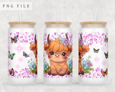 Baby Highland Cow Libbey Glass Can Wrap, 16oz Glass Can Sublimation Design, Little Heifer Glass Can PNG File Sublimation HappyDesignStudio 