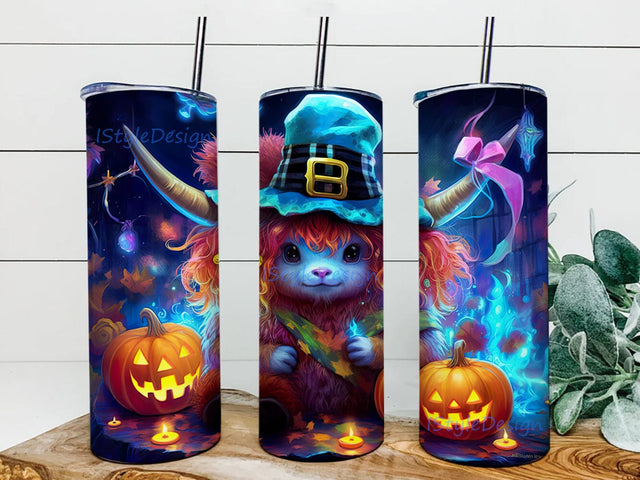 Baby Highland Cow With A Witch Hat And With Pumpkins And Ghosts 20oz Skinny Tumbler Png, Cute Baby Highland Cow Png, Halloween Baby Highland Cows Png, Pumpkins Png Sublimation iStyleDesign 