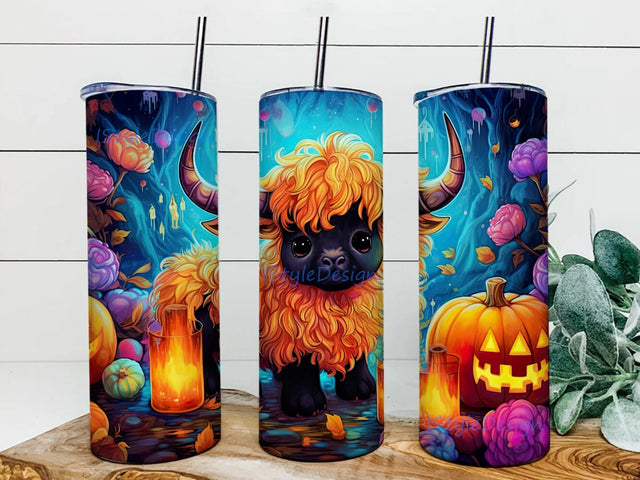 Baby Highland Cow With A Witch Hat And With Pumpkins And Ghosts 20oz Skinny Tumbler Png, Cute Baby Highland Cow Png, Halloween Baby Highland Cows Png, Pumpkins Png Sublimation iStyleDesign 