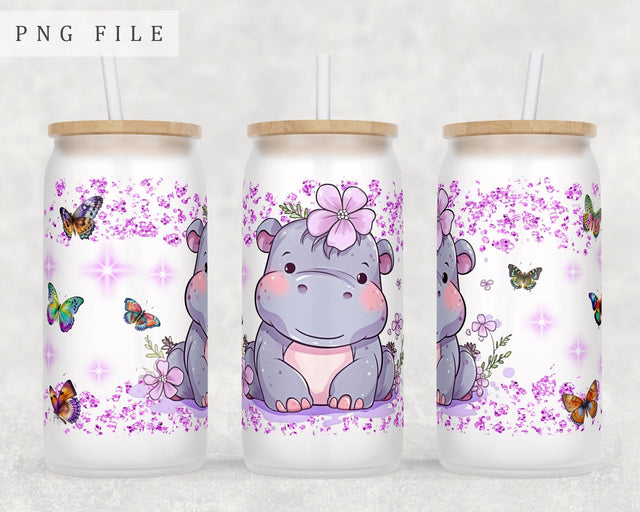 Baby Hippo Libbey Glass Can Wrap, 16oz Glass Can Sublimation Design, Little Hippo Glass Can PNG File Sublimation HappyDesignStudio 