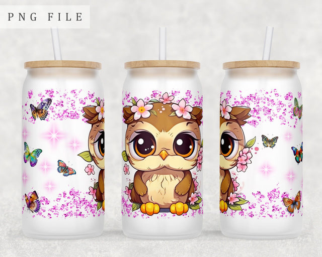 Baby Owl Libbey Glass Can Wrap, 16oz Glass Can Sublimation Design, Little Owl Glass Can PNG File Sublimation HappyDesignStudio 