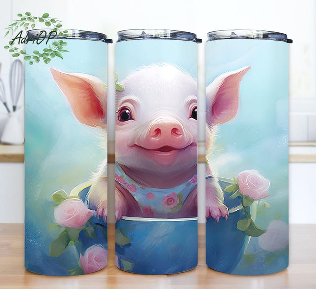 Baby Pig 20oz Skinny Tumbler Png, Watercolour Floral Farm Animal Seamless Tumbler Design Png, Cute Baby Pigs Png, Farm Animal Tumbler, Kids Tumbler Sublimation AdriOP 