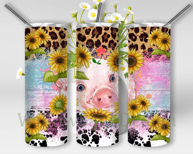 Baby Pig Tumbler Png, Pig Sunflower 20oz Skinny Tumbler, Leopard Cow Print Tumbler Wrap, Farm Animals Sublimation Png, Watercolor Pig With Lid And Straw, Digital Download Sublimation WillowSageDesign 
