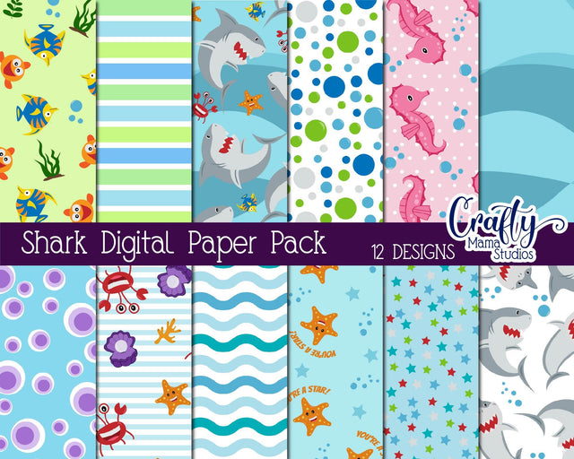 Baby Shark Digital Paper - Cute Fish - Ocean Life - Shark SVG Crafty Mama Studios 