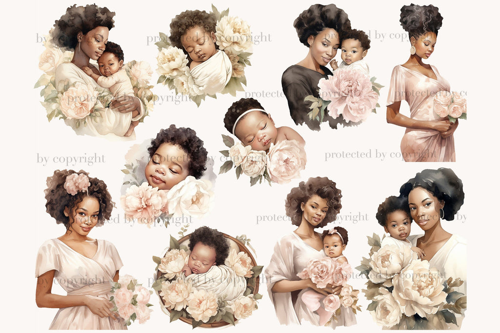 Baby Shower Illustrations Set | Black Baby Girl PNG - So Fontsy