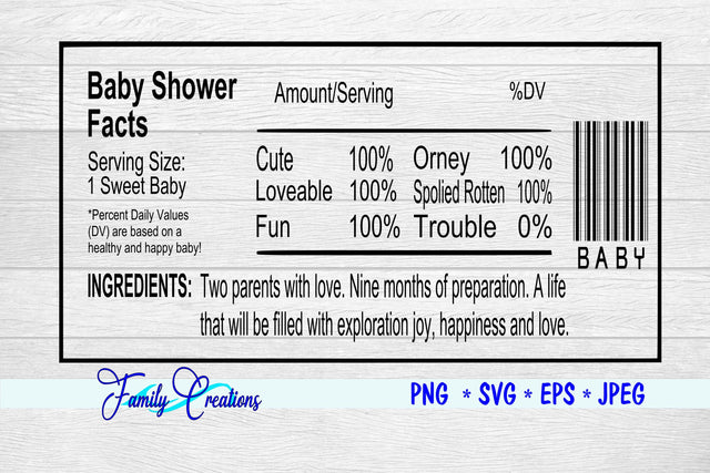 Baby Shower Nutrition Facts Label SVG Family Creations 