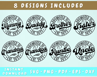 Baby Shower SVG Bundle, 8 Designs, Promoted To Mommy SVG, Promoted To Daddy SVG, Promoted To Auntie Est 2022 SVG, Baby Announcement SVG SVG HappyDesignStudio 