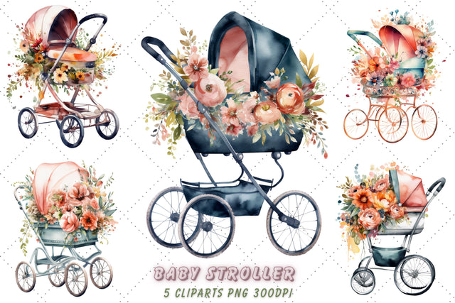 Baby Stroller Flower Watercolor Clipart Bundle, Sublimation, Floral Baby Strolle Sublimation FloridPrintables 
