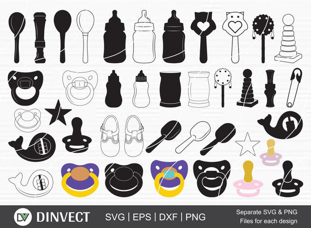 Baby SVG Bundle, Nursery SVG, hand-drawn baby tools, baby SVG, baby shoes SVG, Pram Cot Teddy Dummy Rocking Horse Stork, Silhouettes, Baby Items Clipart SVG Dinvect 