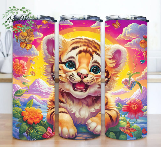 Baby Tiger With An Open Mouth Smile 20oz Skinny Tumbler Png, Baby Tiger Tumbler, Colorful Tiger Rainbows Landscape Tumbler, Colorful Tumbler, Floral Neon Rainbow Sublimation AdriOP 