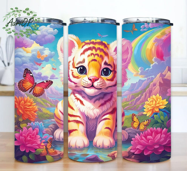 Baby Tiger With An Open Mouth Smile 20oz Skinny Tumbler Png, Baby Tiger Tumbler, Colorful Tiger Rainbows Landscape Tumbler, Colorful Tumbler, Floral Neon Rainbow Sublimation AdriOP 