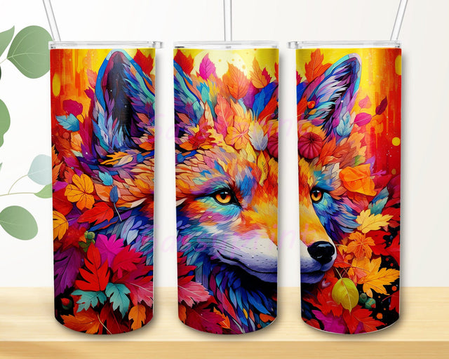 Baby Wolf With Autumn Leaves 20oz Skinny Tumbler Png, Autumn Color Palette, Wolf Spirit Animal Tumbler, Wolf Tumbler Wrap, Wolf Tumbler, Beautiful Art Print Sublimation sassyprint 