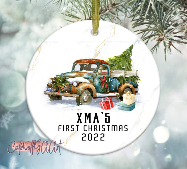 Baby's First Christmas Ornament - Personalized First Christmas Truck Ornament - Custom Baby Boy Truck Ornament Sublimation CaldwellArt 