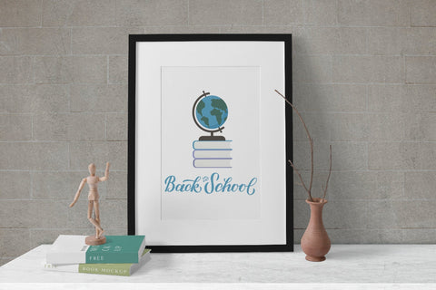 Back to school calligraphy lettering and globe on a stack of books Sublimation LaBelezoka 