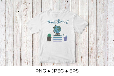 Back to school calligraphy lettering. Globe on a stack of books, pencils and cactus Sublimation LaBelezoka 