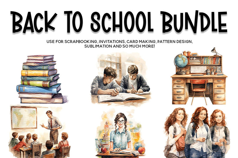 Back To School Clipart, Watercolor School Clipart Bundle - So Fontsy