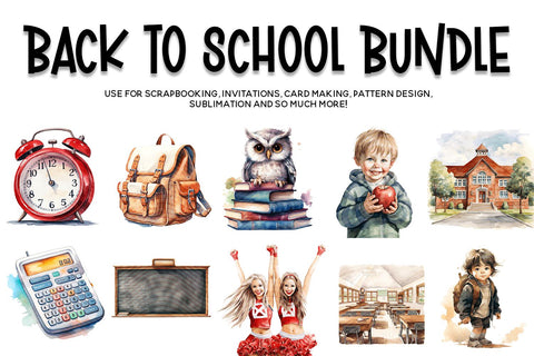Back To School Clipart, Watercolor School Clipart Bundle Sublimation BijouBay 