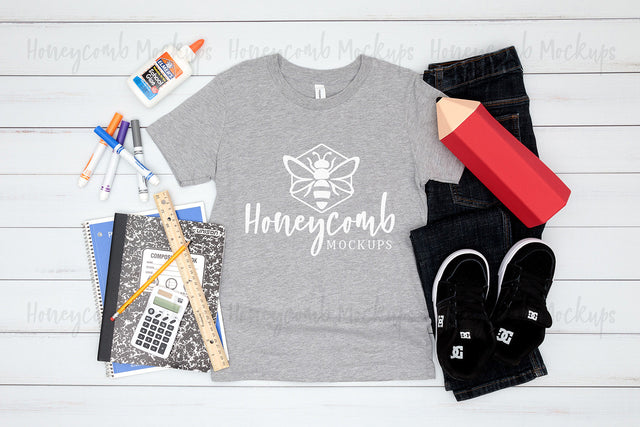 Back To School Kids Mockup, Bella Canvas 3001Y Athletic Heather Mockup, School Mockup for Boys Mock Up Photo Honeycomb Mockups 
