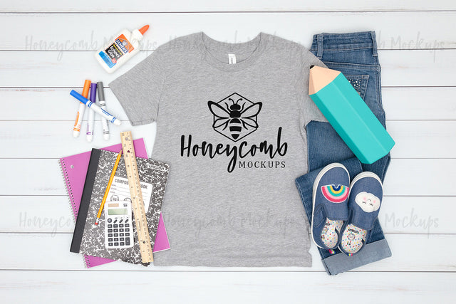 Back To School Kids Mockup, Bella Canvas 3001Y Athletic Heather, School Mockup for Girls Mock Up Photo Honeycomb Mockups 