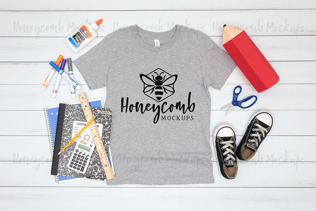 Back to School Kids Mockup, Bella Canvas 3001Y Athletic Heather, School Mockup, Youth Grey T-Shirt Mockup Mock Up Photo Honeycomb Mockups 