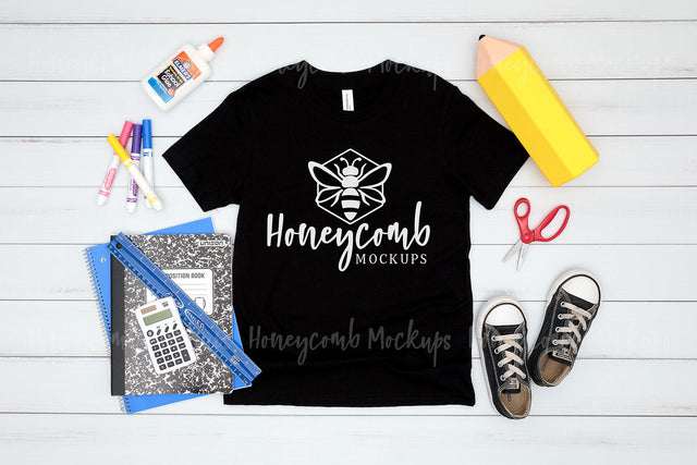 Back to School Kids Mockup, Bella Canvas 3001Y Black Mockup, School Mockup, Kids Black T-Shirt Mockup Mock Up Photo Honeycomb Mockups 