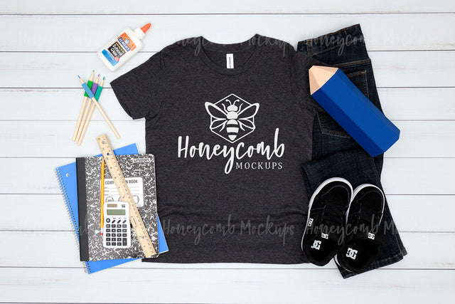 Back to School Kids Mockup, Bella Canvas 3001Y Dark Grey Heather, School Mockup for Boys Mock Up Photo Honeycomb Mockups 