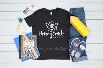 Back To School Kids Mockup, Bella Canvas 3001Y Dark Grey Heather, School Mockup for Girls Mock Up Photo Honeycomb Mockups 