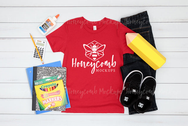 Back to School Kids Mockup, Bella Canvas 3001Y Red Mockup, School Mockup for Boys, Kids Red T-Shirt Mockup Mock Up Photo Honeycomb Mockups 