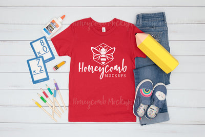 Back to School Kids Mockup, Bella Canvas 3001Y Red Mockup, School Mockup for Girls, Kids Red T-Shirt Mockup Mock Up Photo Honeycomb Mockups 