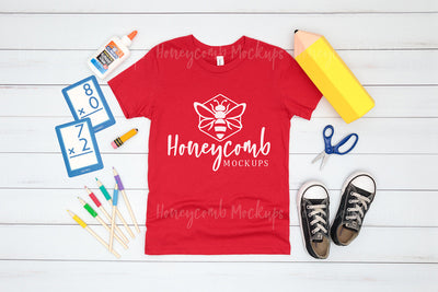 Back to School Kids Mockup, Bella Canvas Red 3001Y Mockup, School Mockup, Kids Red Shirt Mockup Mock Up Photo Honeycomb Mockups 