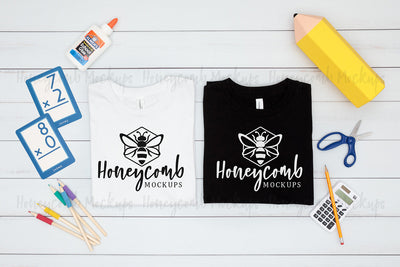 Back To School Kids Mockup, Bella Canvas White 3001Y Mockup, Bella Canvas Black 3001Y, School Mockup, Folded Mockup Mock Up Photo Honeycomb Mockups 
