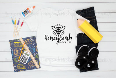 Back to School Kids Mockup, Bella Canvas White 3001Y Mockup, School Mockup for Boys, Kids White Shirt Mockup Mock Up Photo Honeycomb Mockups 
