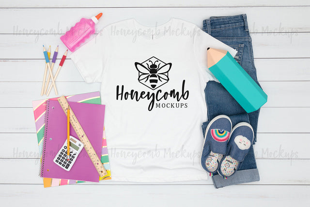Back to School Kids Mockup, Bella Canvas White 3001Y Mockup, School Mockup for Girls, Kids White Shirt Mockup Mock Up Photo Honeycomb Mockups 