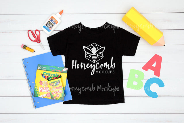 Back To School Kids Mockup, Black Bella Canvas 3001T Mockup, Kids Black T-Shirt Mockup, School Mockup Mock Up Photo Honeycomb Mockups 