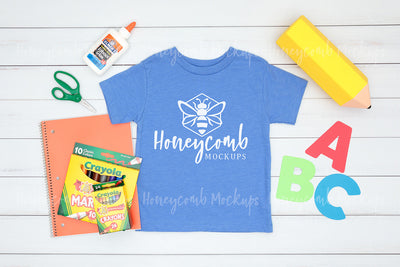Back To School Kids Mockup, Heather Columbia Blue 3001T Mockup, Bella Canvas Mockup, Kids Blue Shirt Mockup, School Mockup Mock Up Photo Honeycomb Mockups 