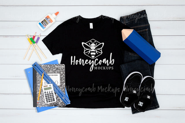 Back to School Mockup, Bella Canvas 3001Y Black Mockup, School Mockup for Boys, Kids Black T-Shirt Mockup Mock Up Photo Honeycomb Mockups 