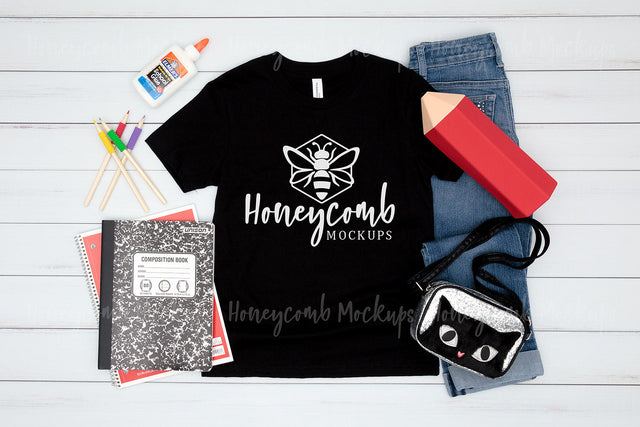Back To School Mockup, Bella Canvas 3001Y Black Mockup, School Mockup for Girls, Kids Black T-Shirt Mockup Mock Up Photo Honeycomb Mockups 