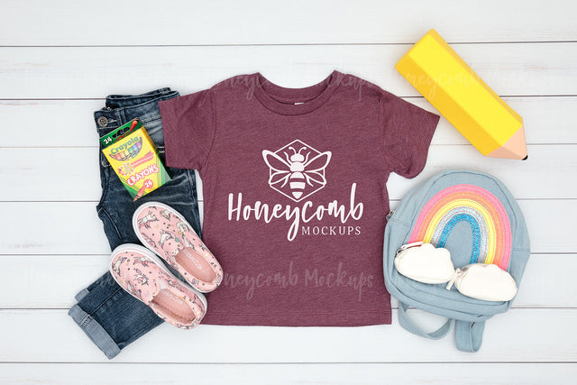 Back To School Mockup, Bella Canvas Heather Maroon 3001T Mockup, Toddler Girl Mockup, School Mockup Mock Up Photo Honeycomb Mockups 