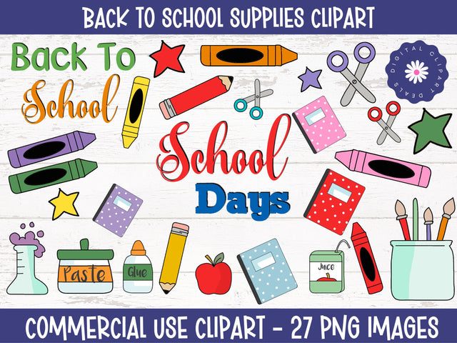 Back to School Supplies Clipart Set - School Supply Clipart - School Clipart for Teacher & Parents Sublimation Digital Clipart Deals 