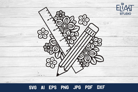 Back To School SVG, Floral Pencil and Ruler PNG, School Supplies Design. SVG Elinorka 