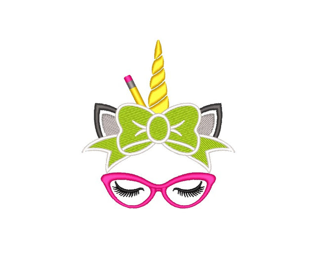 Back to school unicorn embroidery design, Unicorn with girl bow embroidery design, 3 sizes Embroidery/Applique DESIGNS Nino Nadaraia 