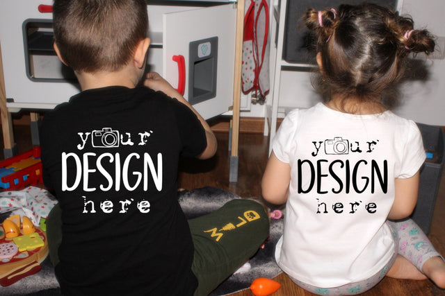 Back View Kids T-shirt Mockup, Childrens Model Mockup, Brothers, Girls, Boys,Black & White Tshirt Kids Mockup, Tshirts Mockup,Toddler Mockup Mock Up Photo ArtStudio 