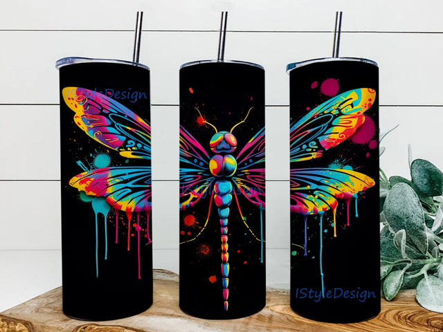Background Black Small Neon Dragonfly 20oz Skinny Tumbler Png, Neon Dragonflies Tumbler, Neon Rainbow Dragonfly Design Tumbler Png, Dragonfly Tumbler Sublimation iStyleDesign 
