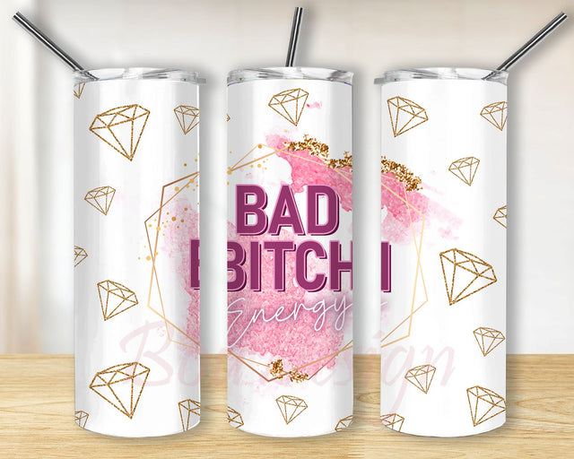Bad Bitch Energy Gold Pink Tumbler Designs, 20oz Skinny Tumbler Wrap, Seamless Tumbler Template, PNG Digital Download Sublimation BouDesign 