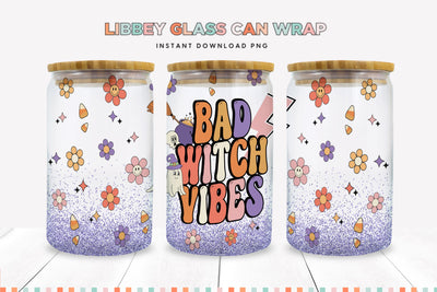 Bad Witch Vibes Halloween 16 oz Libbey Glass Can Wrap PNG Sublimation BijouBay 