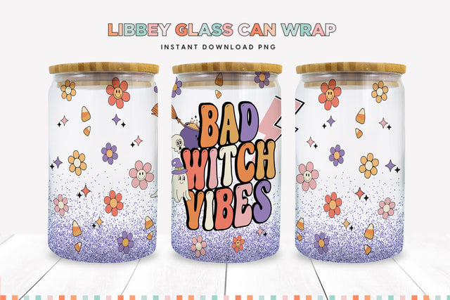 Bad Witch Vibes Halloween 16 oz Libbey Glass Can Wrap PNG Sublimation BijouBay 